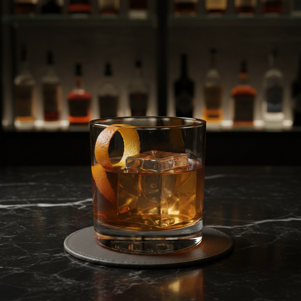 Cinematic cocktail on dark marble bar